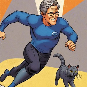 Bush
with a John Kerry face running with a cat