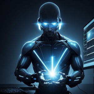 an esthetic picture of a man interacting with a computer -
cyberpunk style
