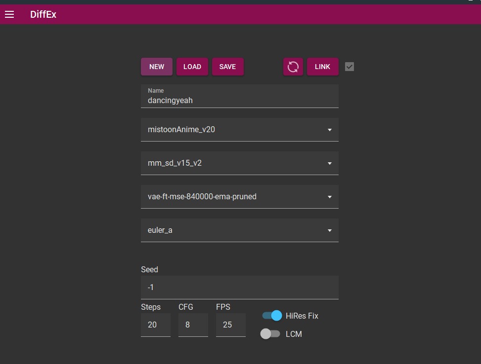 settings for DiffEx dancing girl