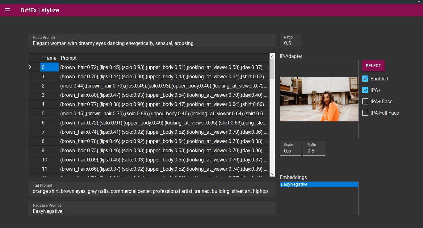 prompt menu of Diffex for the dancing girl